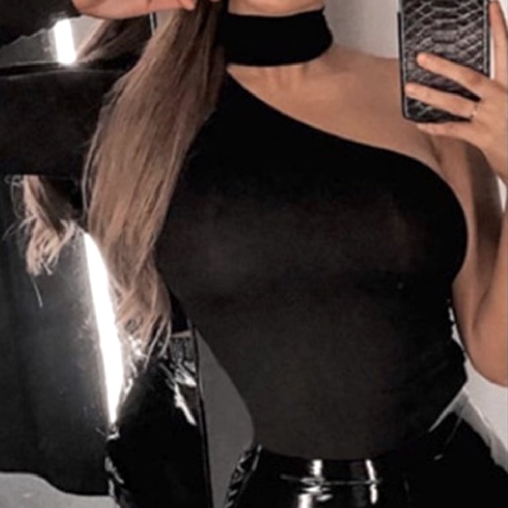 Black Rare Choker W/Button 1 Sleeve Stretchy  Bodysuit/1pc/Teddy/Blouse Sexy Top - Picture 4 of 6